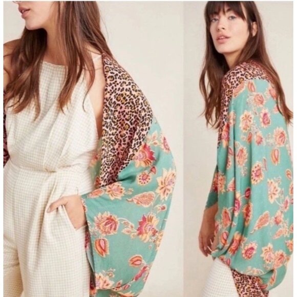 Kachel X Anthropologie Leopard Floral Kimono Womens OS Green Boho Eclectic Gypsy - Picture 1 of 16